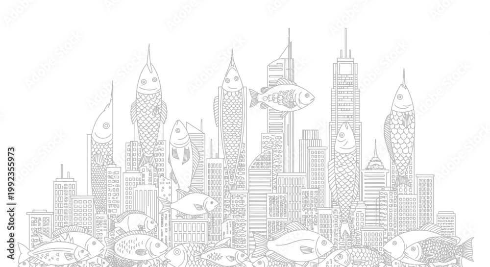 Fototapeta premium Fish skyscrapers surreal cityscape illustration against white background