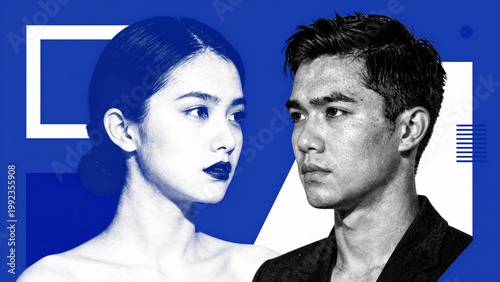 Retro Futuristic Collage featuring contrasting dual personalities in bold geometric overlays with mid-century modernist and pop art influences.