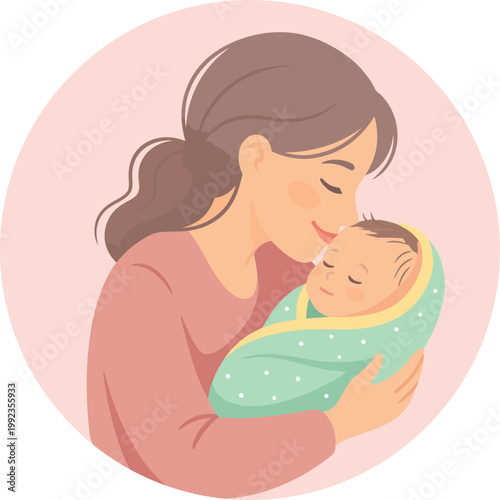 Mother Kissing Newborn Baby Cute Flat Pastel Mothers Day Vector Illustration