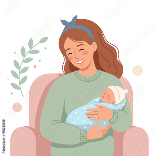 Mother Sitting With Baby On Chair Cute Flat Mothers Day Parenting Vector