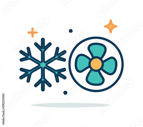 Cooling systems and temperature control shown as a technical functionality concept, a simple snowflake icon paired with a small circular fan shape representing air