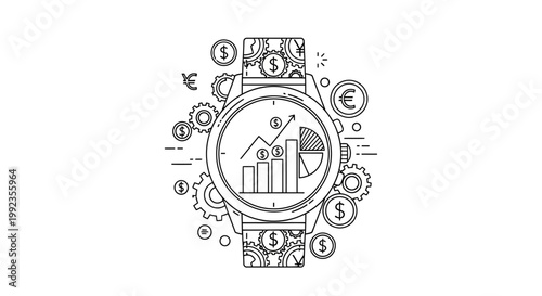 Financial technology concept watch with gears and currency icons on white