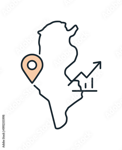 Regional business expansion and geographic focus in North African markets, a simplified outline map of Tunisia paired with a small location pin symbolizing targeting and