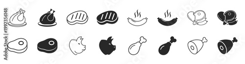 Meat cuts food set outline icon on transparent background