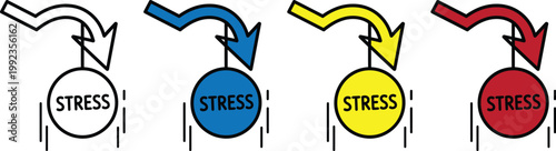 stress concept with directional arrows and bold text on circular signs isolated on white