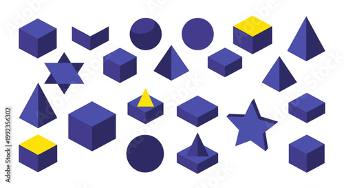 Geometric shapes in various isometric projections against a white backdrop