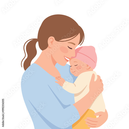 Mother Hugging Baby Close Up Cute Flat Mothers Day Love Vector Illustration