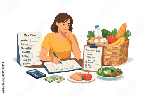 A household meal planning moment where an individual selects ingredients and plans meals for the week, illustrating preparation, budgeting, and mindful consumption in