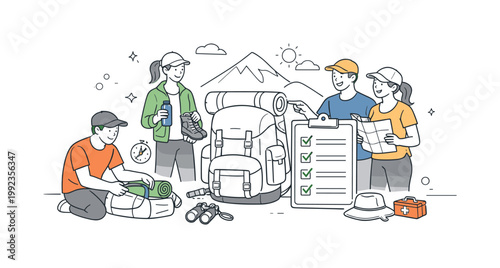 An outdoor preparation scenario where individuals organize backpack gear before a trip or hike, shown through a small group interacting near a simple backpack and