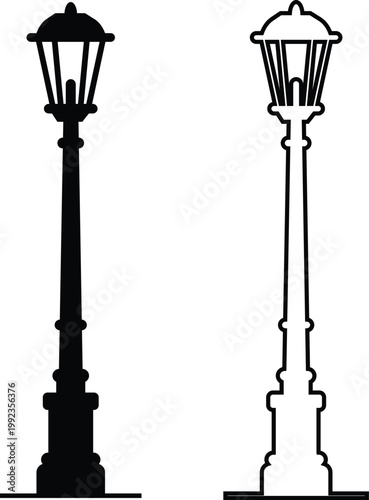 Street lamp lantern light icon set collection group in black flat and line style, vintage streetlight lamppost lighting symbol bundle, urban outdoor illumination graphic pack, classic city light desig