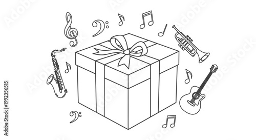 Gift box with musical instruments and notes illustration