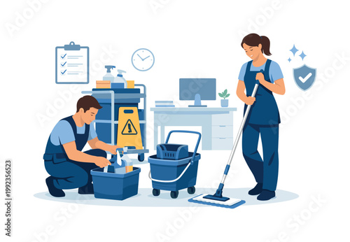 Professional cleaning service concept illustrating efficient workspace sanitation and maintenance carried out with structured tools and methods, visualized with a mop and