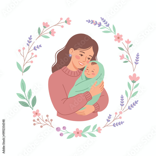 Mother With Baby Floral Wreath Cute Flat Mothers Day Decorative Vector Illustration