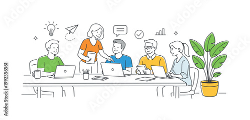 Office interior workplace scene showing a small team collaborating in a modern open space environment with desks and shared work areas, featuring a large desk setup and a