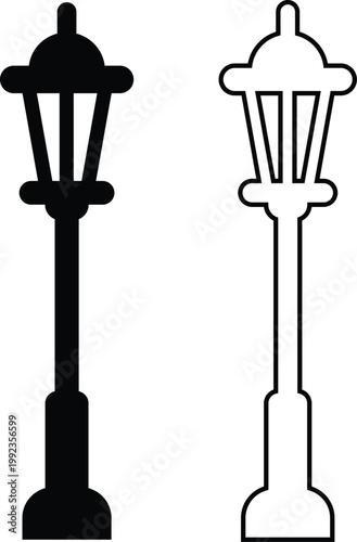 Street lamp lantern light icon set collection group in black flat and line style, vintage streetlight lamppost lighting symbol bundle, urban outdoor illumination graphic pack, classic city light desig