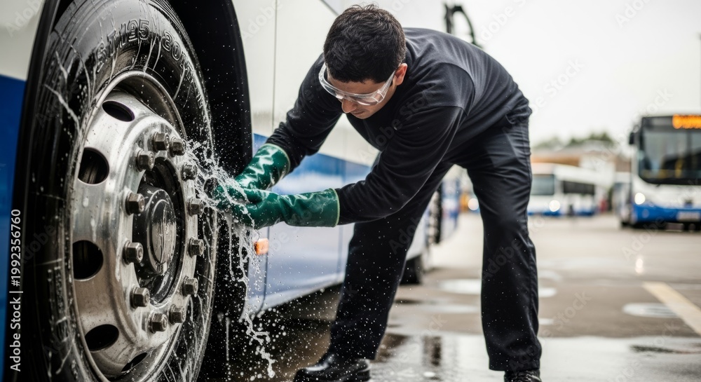 Naklejka premium Bus Mechanic Washing Wheel with Soap and Water