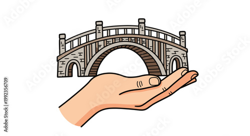 Hand holding a stone bridge illustration on a white background design concept