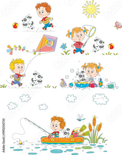 Little girls and boys playing with a funny small puppy on vacations, a set of vector cartoon illustrations isolated on a white background