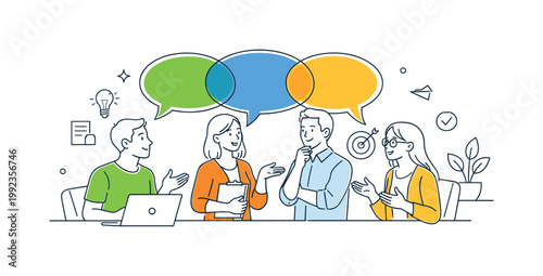 Team communication and collaborative decision making in a professional workplace setting where individuals exchange ideas and align on shared goals, represented by a