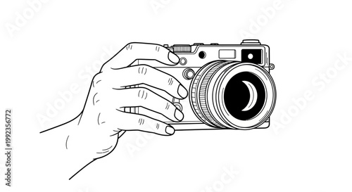 Hand holding camera illustration black and white vector photography concept