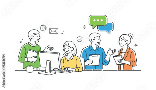 A corporate environment where team members handle responsibilities and communicate during office hours, illustrated by a small group gathered near a simple computer and