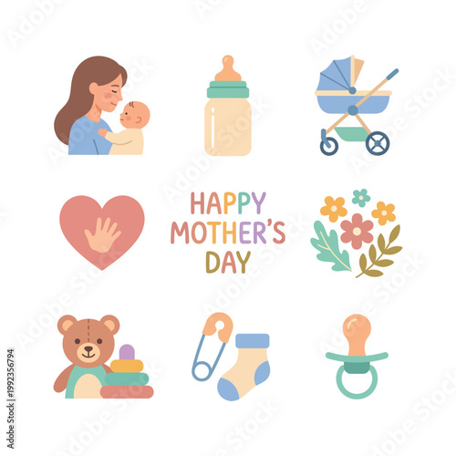 Happy Mothers Day Baby Icons Set Flat Vector Mother Baby Elements Collection