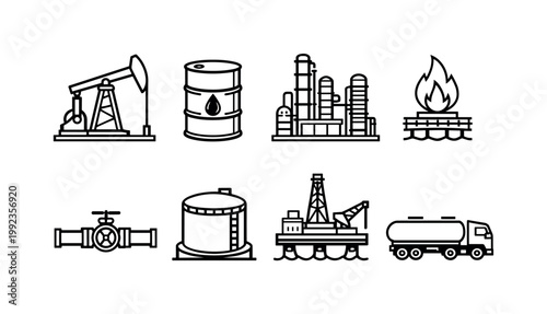 Oil and gas industry: oil pumpjack, oil barrel, refinery plant, gas flame, pipeline, storage tank, drilling rig, tanker truck.
