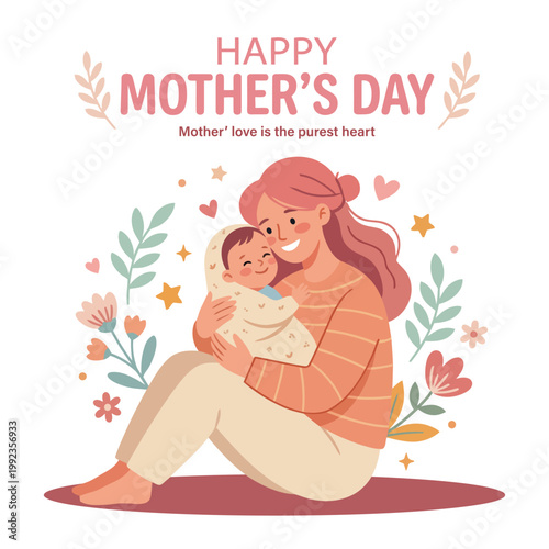 Happy Mothers Day Mother Love Quote Mom Sitting With Baby Cute Flat Vector