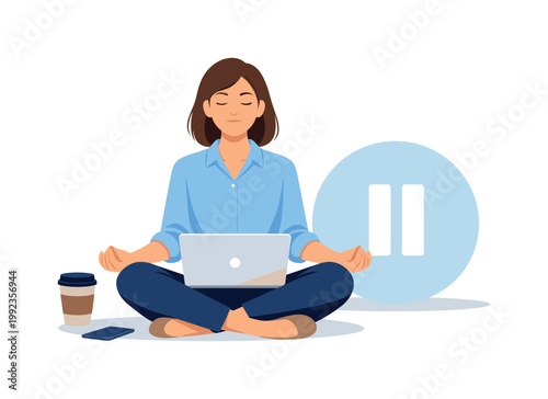 A professional maintaining digital wellbeing during a quiet work moment, seated with a laptop while a simple pause symbol and soft circular shape are placed nearby,