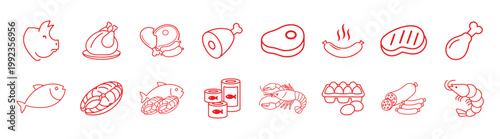 Meat, poultry, fish and eggs line icon set, livestock and protein food products, beef, chicken, milk, grocery menu design, farm branding, supermarket signage on transparent background