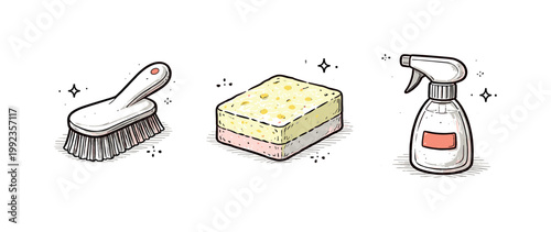 Simple cleaning tools set theme a horizontal row of 3 related hand-drawn objects on a white background: a small brush with a tiny red dot on the handle, a simple sponge