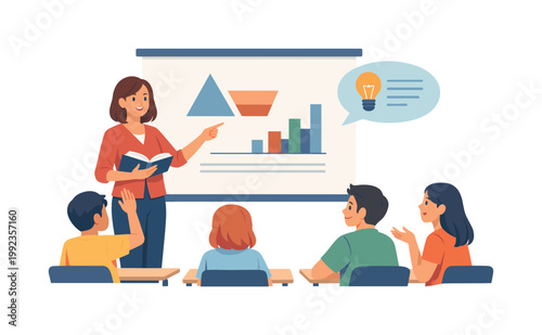 A classroom interaction where a teacher explains concepts while students listen and respond, illustrating communication, engagement, and educational development in a
