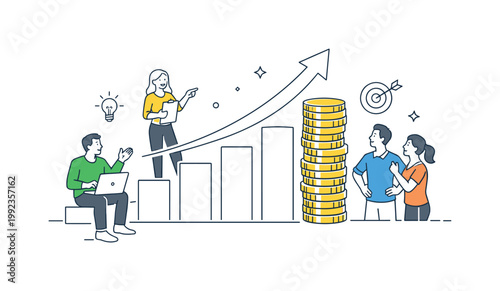 An investment and financial planning concept where people allocate resources strategically to achieve long-term prosperity, represented by a minimal composition of a