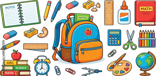 Back to school vector icons set featuring a colorful backpack books notebook globe and art supplies like palette and brushes on white background.