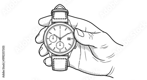 Hand holding wristwatch illustration on white background for timekeeping concept