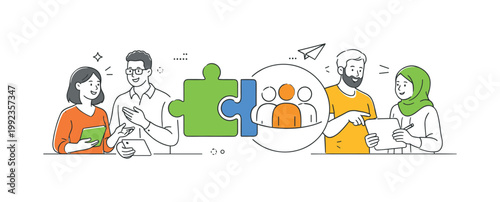A workplace diversity scenario where team members from different backgrounds collaborate on a shared project, shown through a small group interacting near a simple puzzle