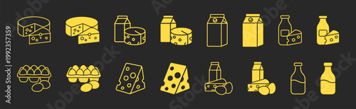 Dairy products food set outline icon on black background