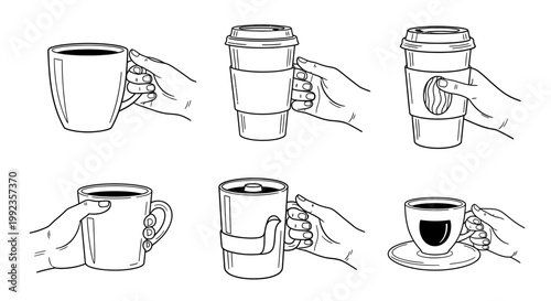 Hands holding coffee cups and to go containers black and white illustration