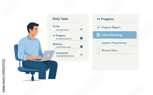 A professional maintaining clear task visibility in a structured daily workflow, seated with a laptop while interacting with a simple overview panel and highlighted