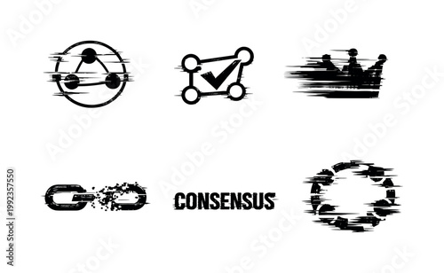Digital consensus algorithms and distributed agreement theme, a set of 5 glitch-distorted monochrome objects placed on a perfectly clean white background, each object