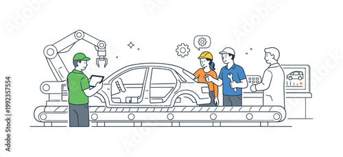 Automation and smart manufacturing technology in a modern production environment where advanced systems assist human workers in building complex products, visualized
