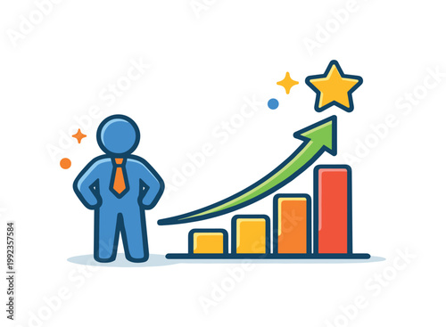 Professional career progress emphasizing continuous improvement and skill development over time, a simple chart with an upward arrow combined with a human figure and a