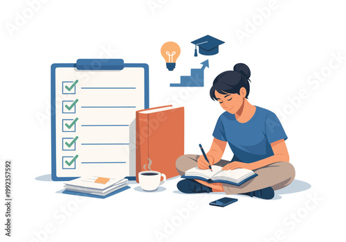 Student coping scenario where a learner organizes tasks and works through study-related stress step by step, highlighting discipline, planning, and gradual progress in