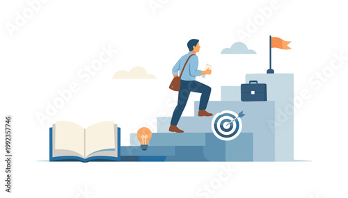 Personal development journey where an individual progresses through continuous learning and skill building to achieve professional and life goals, symbolized by a person