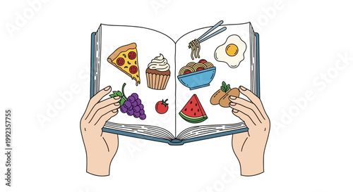Illustrated book with various food items held by hands on white background