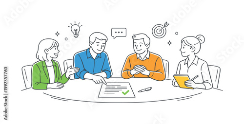 Business meeting professional scene showing a small group of colleagues discussing ideas and making decisions around a shared table in a modern office environment, with a