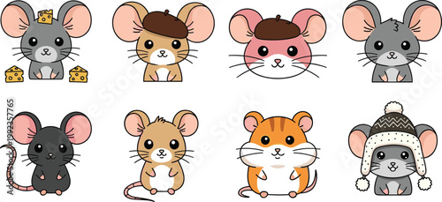 Cute kawaii mouse and hamster cartoon character set with beret hat, winter hat, cheese, and different colors on white background