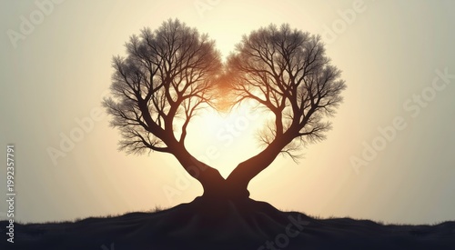 Tree that is shaped like a heart with the sun in the background