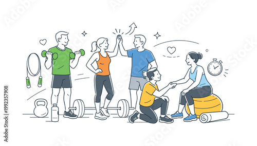 Group participating in fitness activities together in a gym setting to stay motivated and achieve shared health goals, visualized with a metaphor of simple exercise
