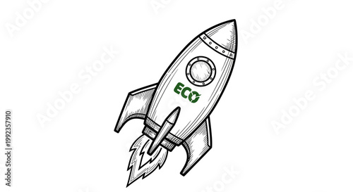 Illustrated rocket ship taking off with eco symbol and white background